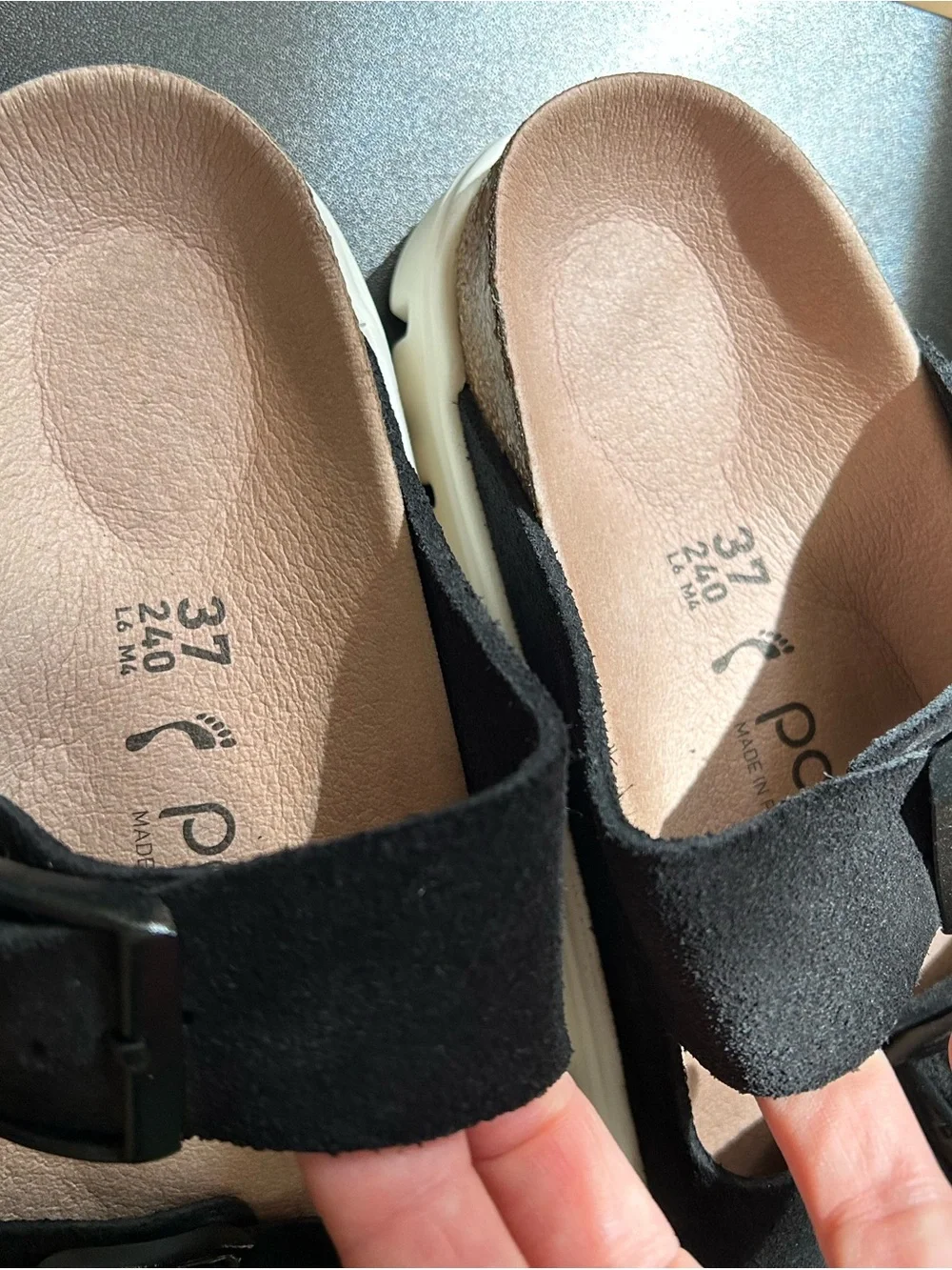Birkenstock/Papillo Black Suede Double-Buckle Platform Slide Sandals